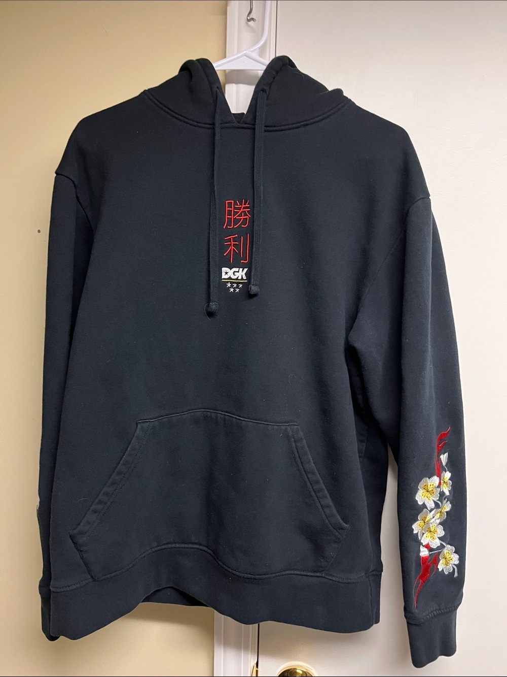 DGK Black Hoodie with Red & White Embroidered Sleeve Flowers